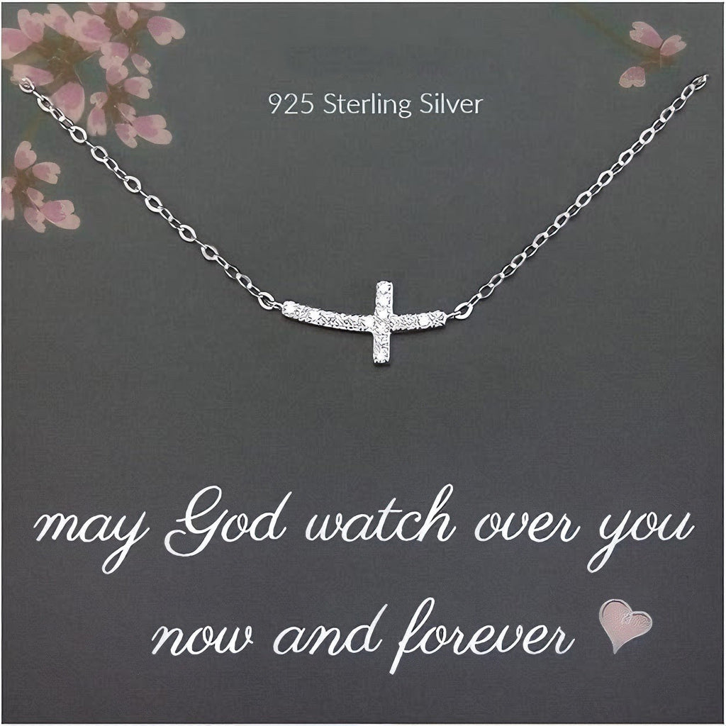 Women Casual CZ Smile Cross 925 Sterling Silver Necklace