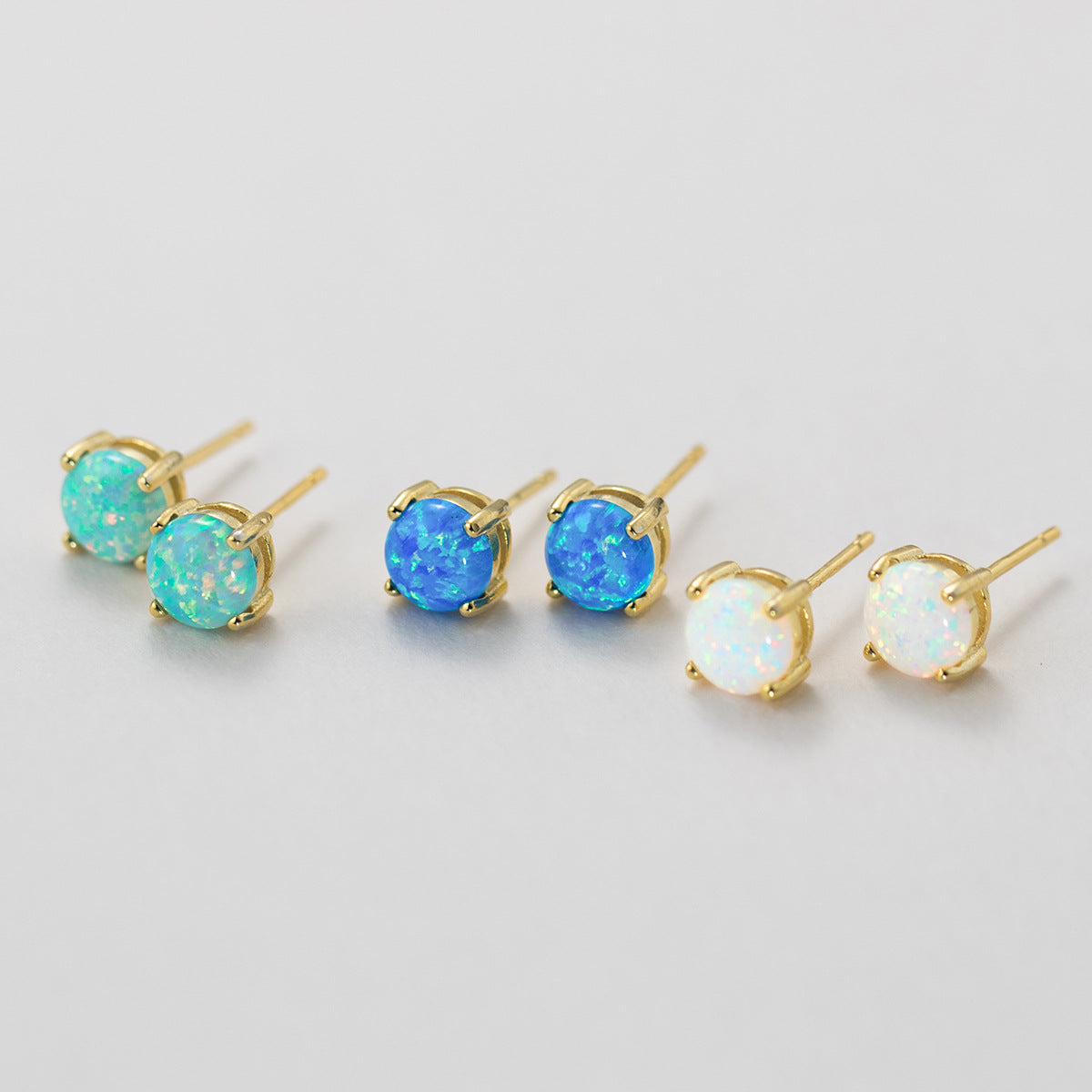 Geometric Four Prong Minimalist Delicate Round Blue White Green Opal S925 Sterling Silver Stud Earrings
