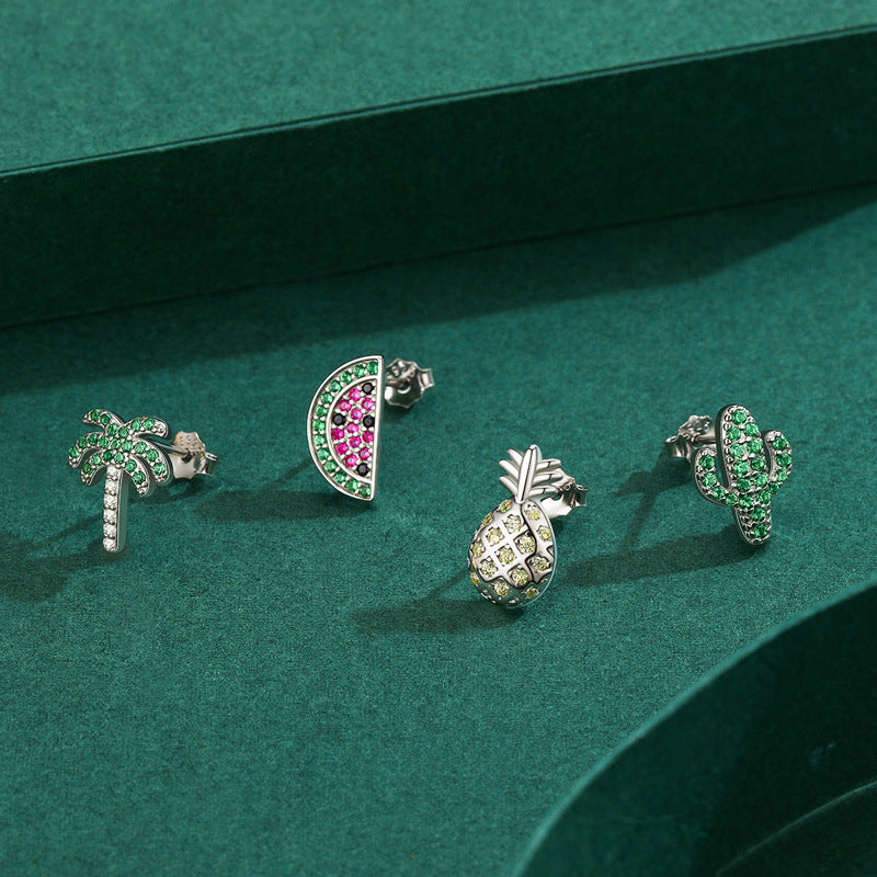 Cubic Zirconia Tropical Pattern 925 Sterling Silver Style Pomegranate-Shaped Palm Tree Pineapple Leaf Pattern Earring ( Single )