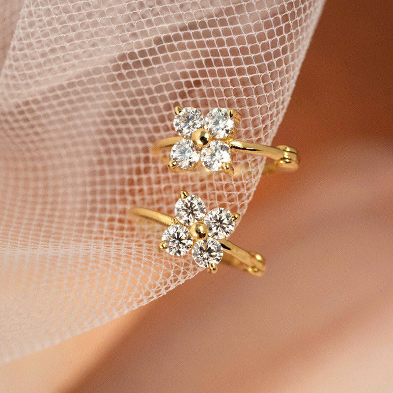 Office Simple CZ Four Leaf Clovers 925 Sterling Silver Hoop Earrings