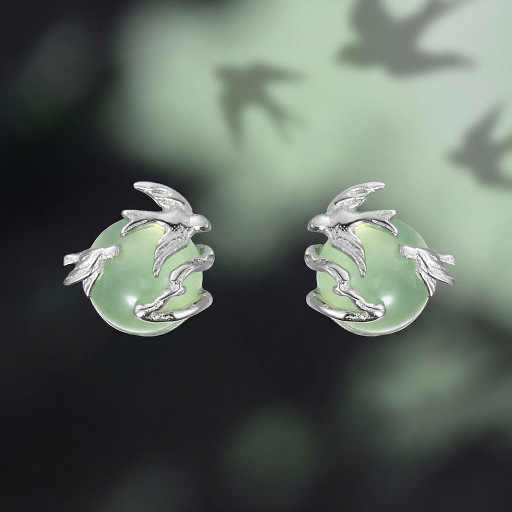 Mini Delicate Green Stone Flying Bird 925 Sterling Silver Stud Earrings