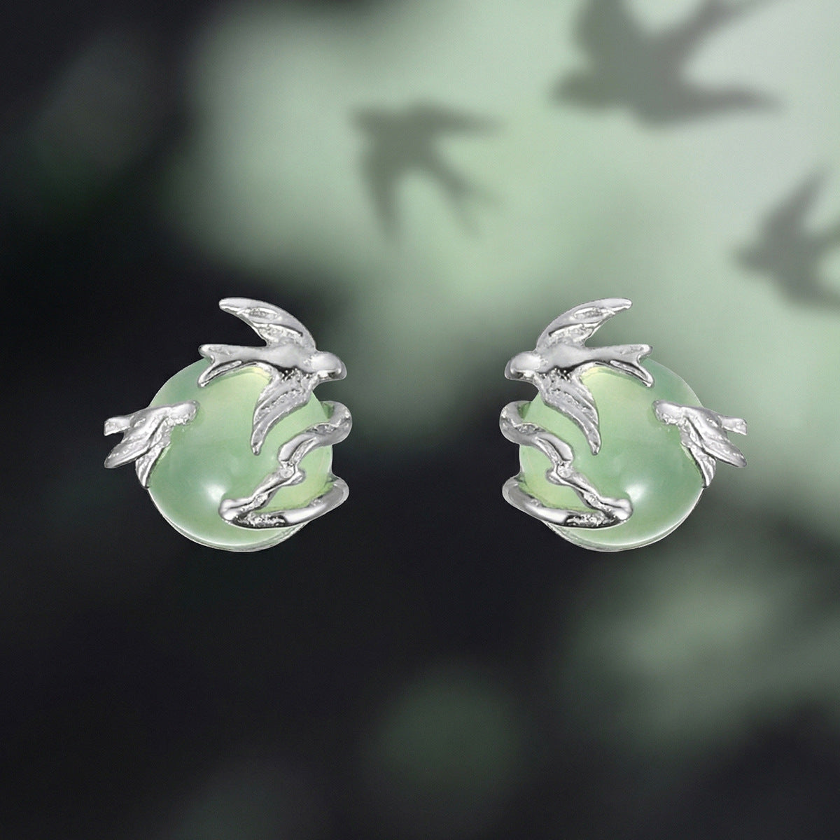 Mini Delicate Green Stone Flying Bird 925 Sterling Silver Stud Earrings