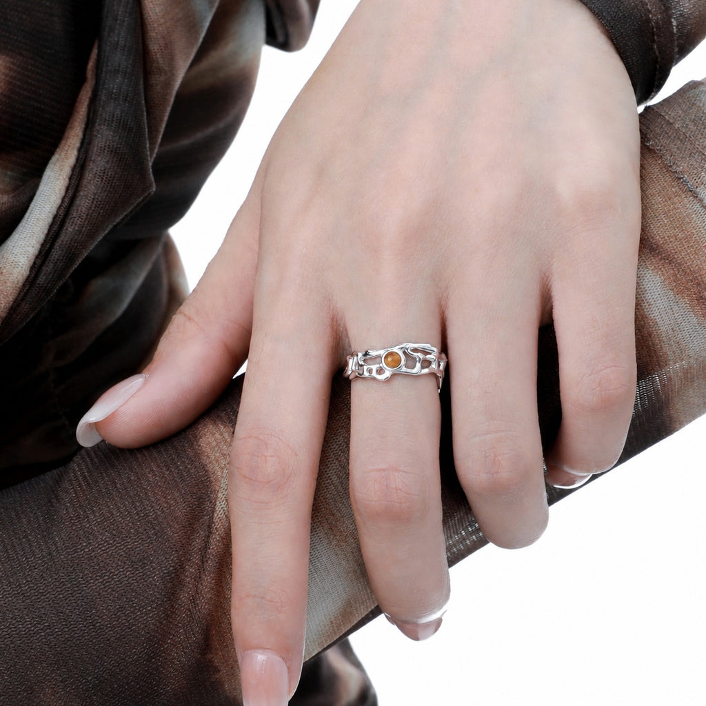 Modern Natural Tiger's Eye Irregular Openwork Pattern 925 Sterling Silver Adjustable Ring
