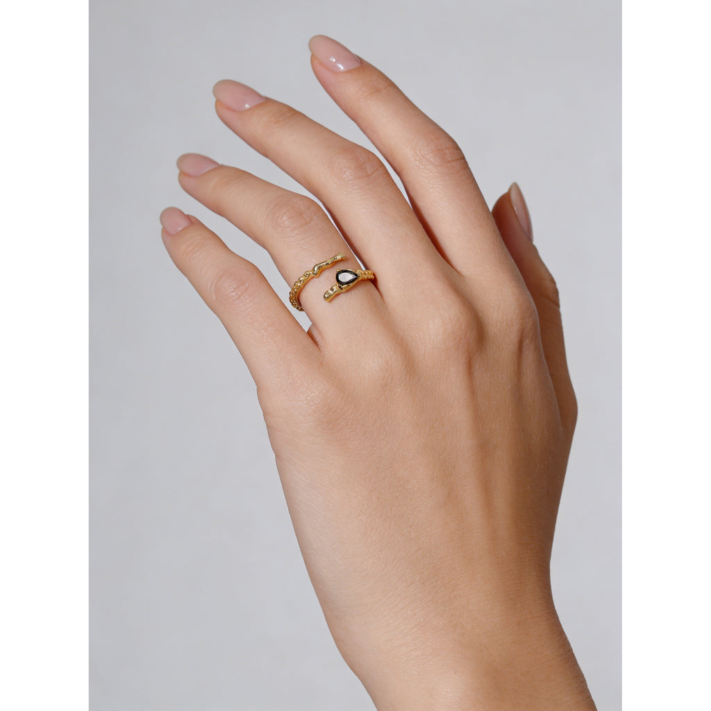 Black Teardrop Shaped Cubic Zirconia  Irregular Textured Wave Design  925 Sterling Silver Ring