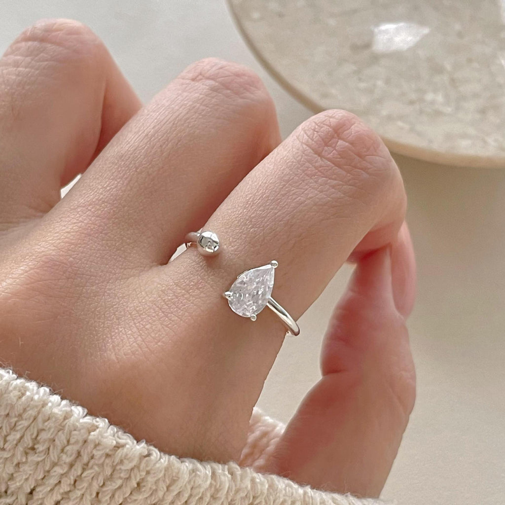 Women Elegant Waterdrop CZ Ball 925 Sterling Silver Adjustable Ring