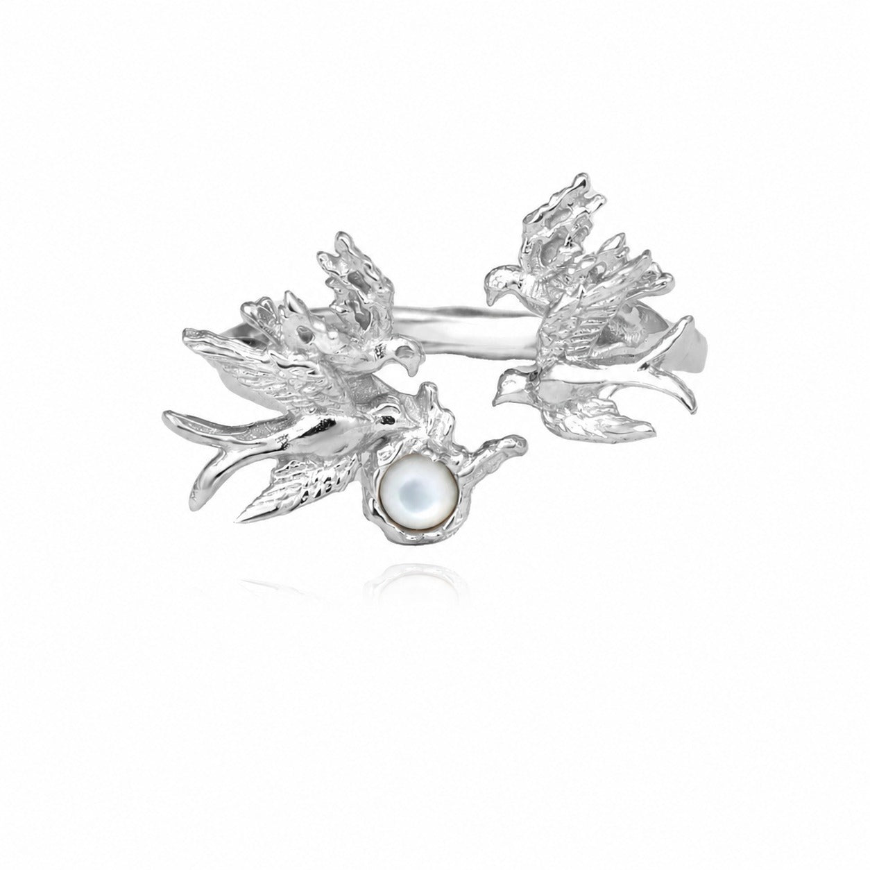 White Shell  Bird Animal Motif 925 Sterling Silver Openwork Ring