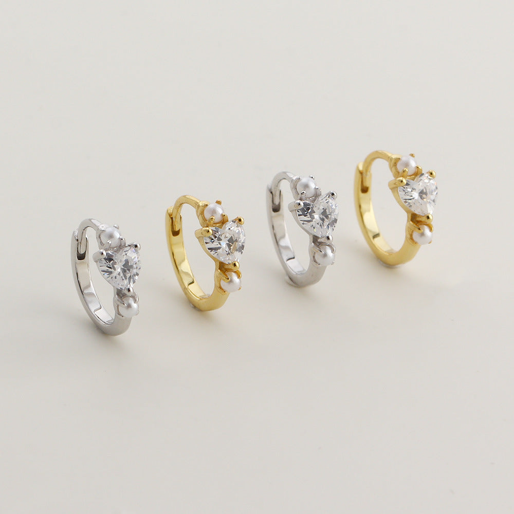Heart Shaped Cubic Zirconia And Pearl 925 Sterling Silver Hoop Earrings