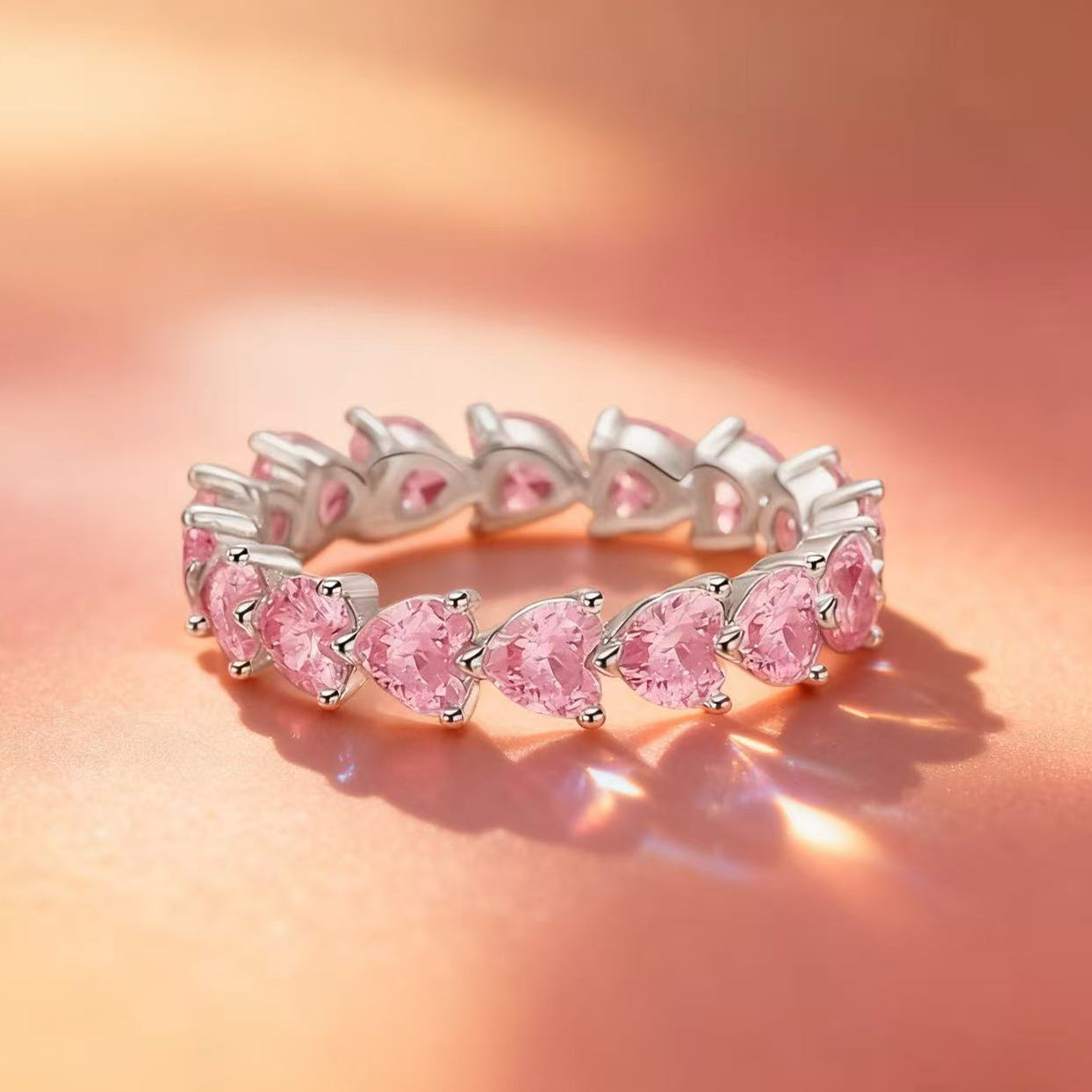 Pink Heart Full Zircon Women Elegant Shiny Jewelry S925 Sterling Silver Luxury Fashion Ring