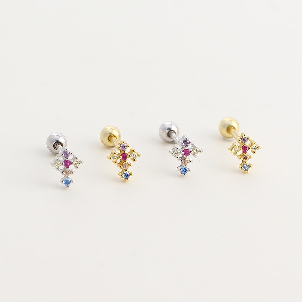 Cross Shaped Cubic Zirconia Multicoloured Gemstone 925 Sterling Silver Stud Earrings