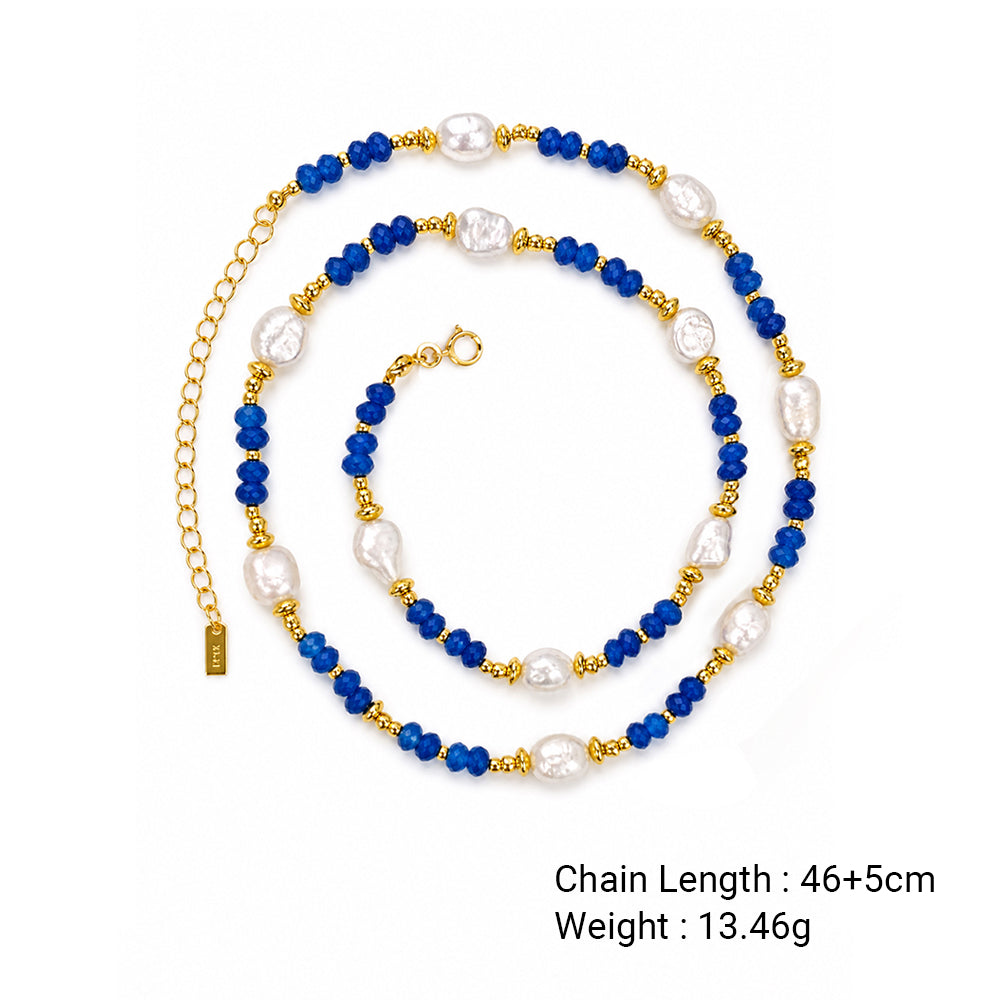 Elegant Deep Blue Agate Irregular Pearl Beaded Strand Fashion Jewellery Gift 925 Sterling Silver Necklace