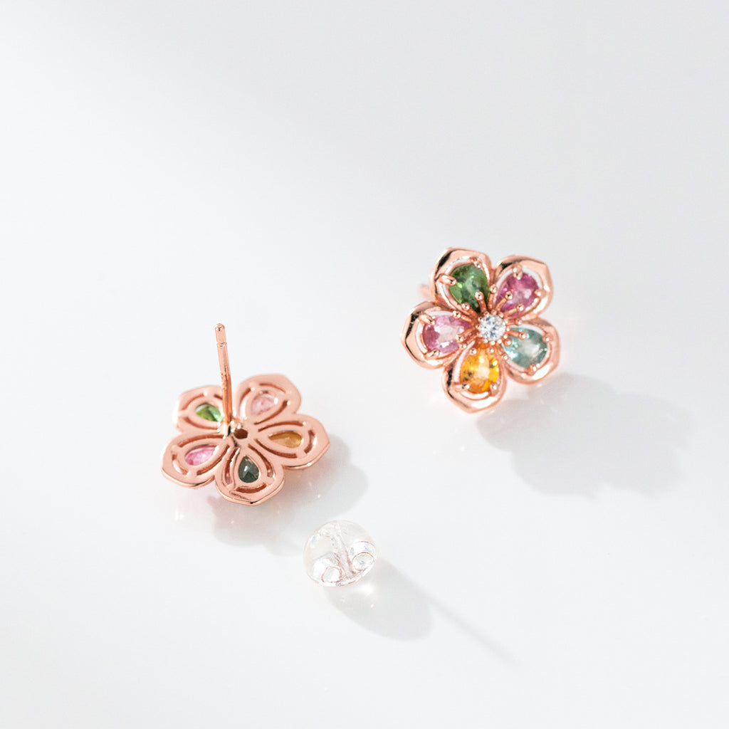 Natural Stone Five Petal Plum Blossom Flower Rose Gold Tone S925 Sterling Silver Stud Earrings