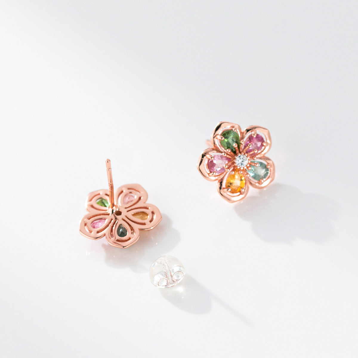Natural Stone Five Petal Plum Blossom Flower Rose Gold Tone S925 Sterling Silver Stud Earrings