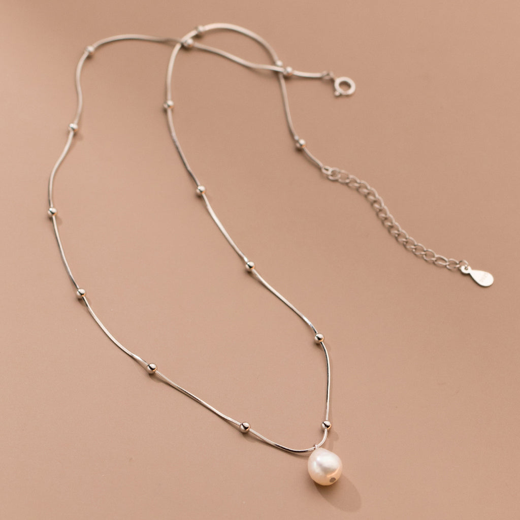Baroque Pearl Minimalist Beaded  S925 Sterling Silver Snake Chain Pearl Pendant Necklace