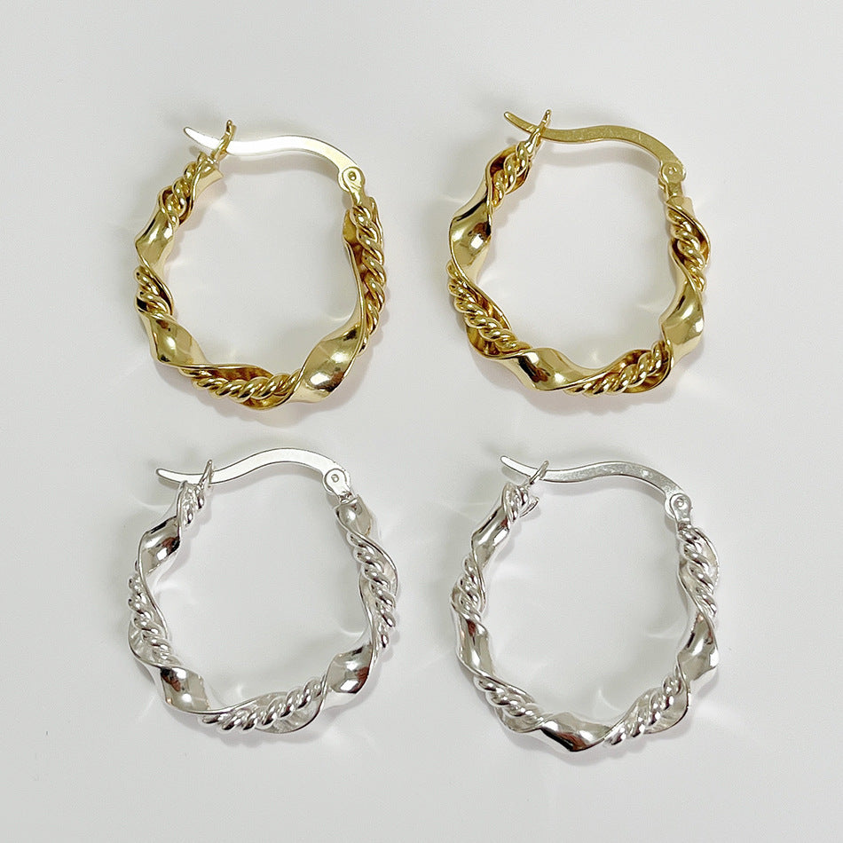 Twisted Rope Design Elegant Fashion 925 Sterling Silver Hoop Earrings