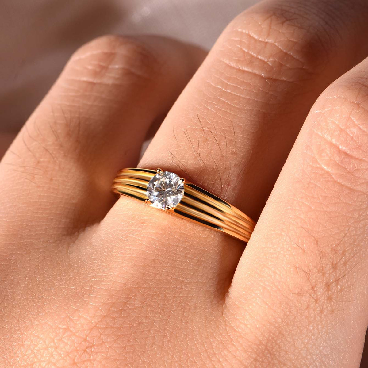 Round Solitaire Moissanite 925 Sterling Silver Three Line Ribbed Band 0.5 Carat Ring