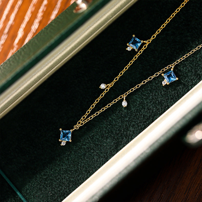 Women Blue Square CZ 925 Sterling Silver Necklace