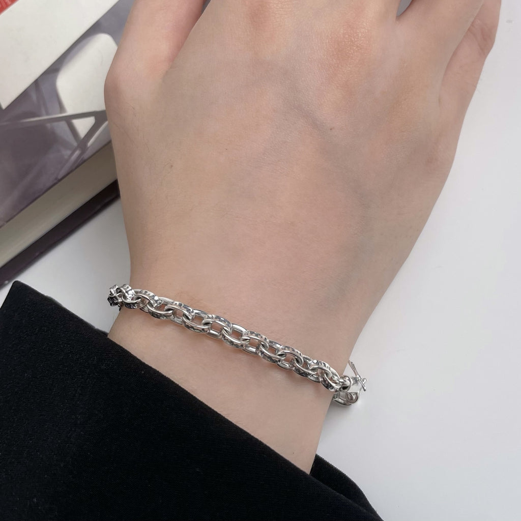 Retro Tibetan Style Engraved Geometric Link 925 Sterling Silver Fashionable Street Style Bracelet
