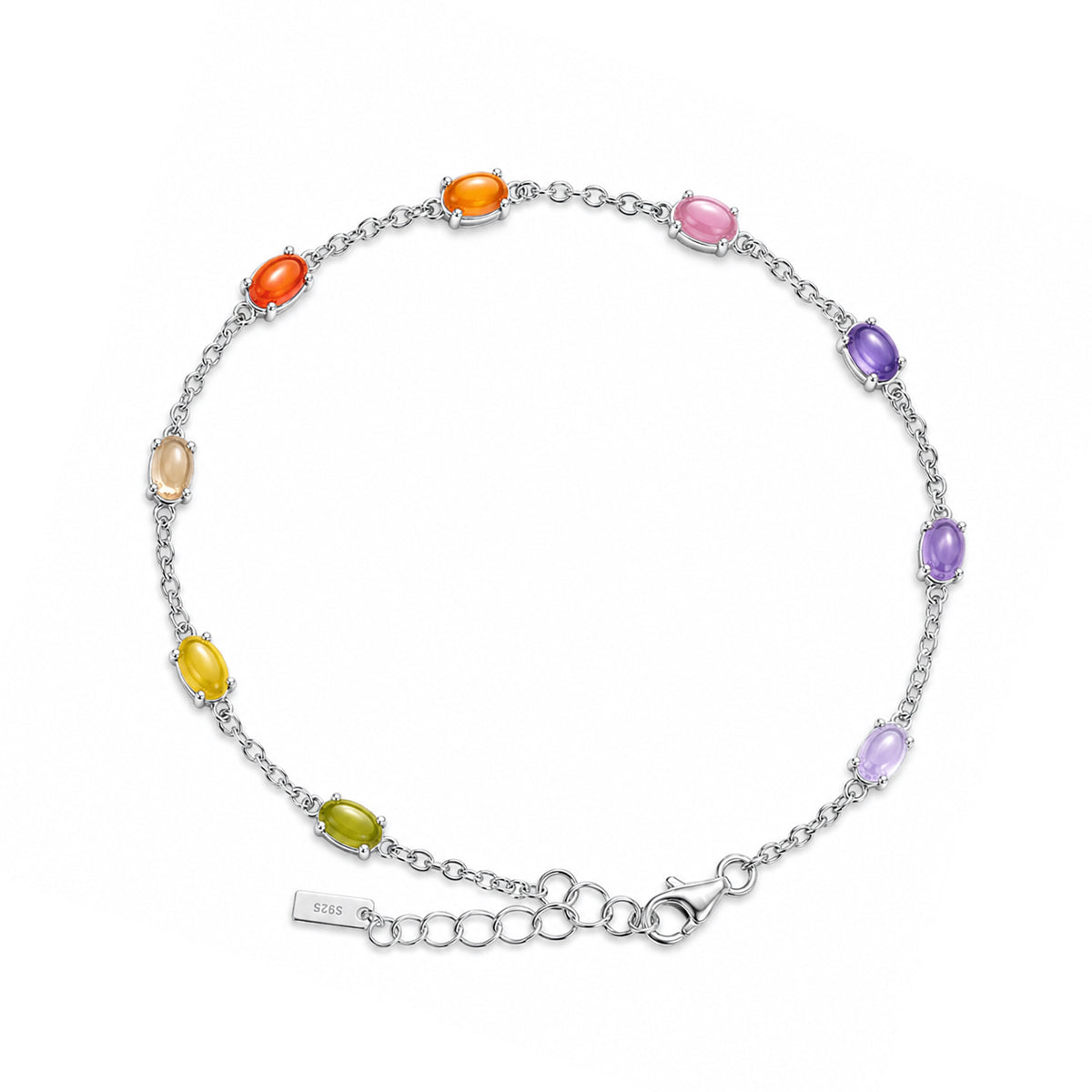 Delicate Multicolor Oval Cabochon CZ Delicate S925 Sterling Silver Chain Link Bracelet