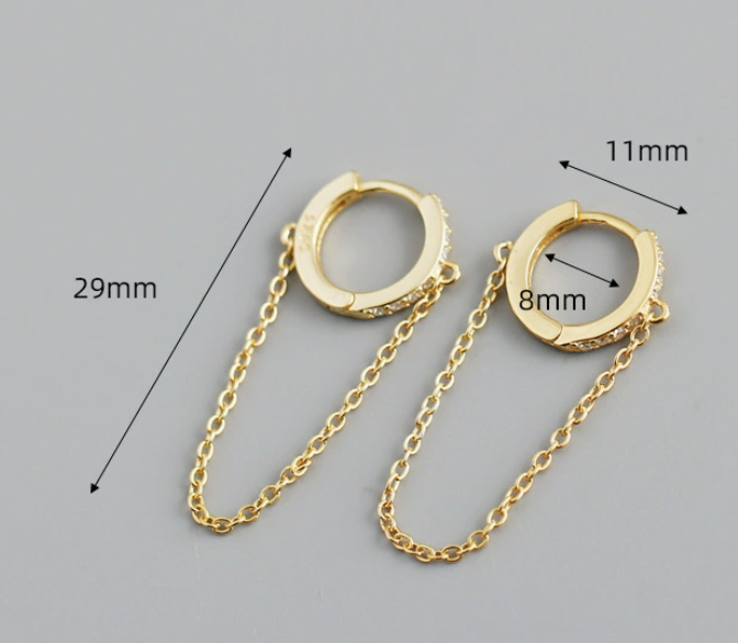 Geometric Circle Zirconia Chain Tassel Pendant 925 Sterling Silver Earrings