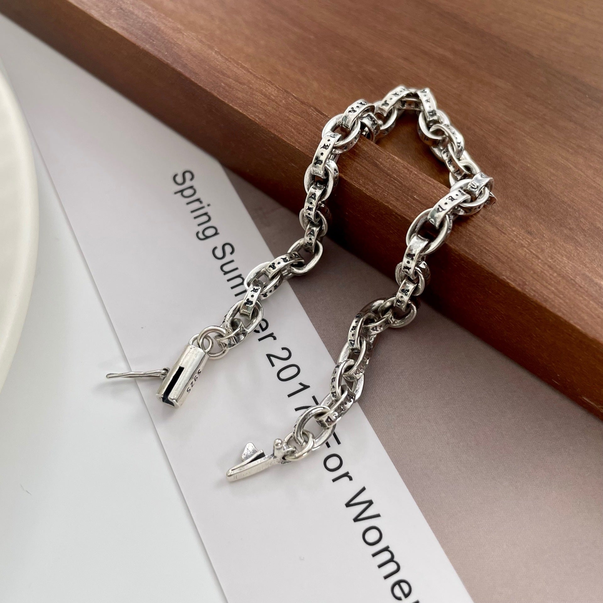 Retro Tibetan Style Engraved Geometric Link 925 Sterling Silver Fashionable Street Style Bracelet