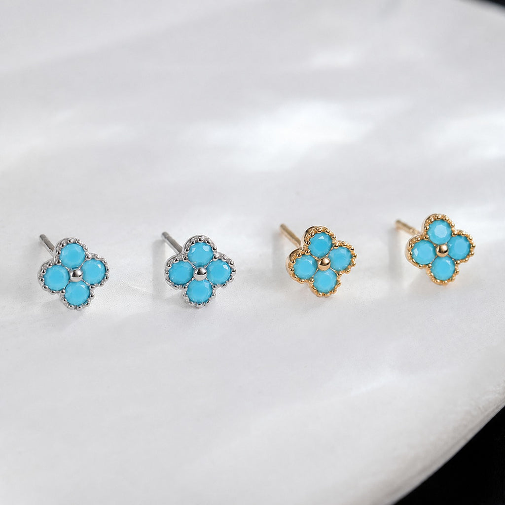Retro Four Leaf Clover Shaped Turquoise 925 Silver Earring