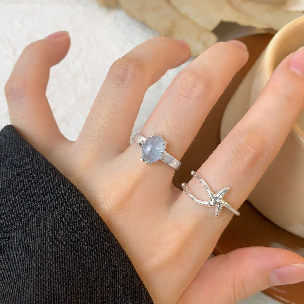 Women Simple Oval Natural Aquamarine 925 Sterling Silver Adjustable Ring