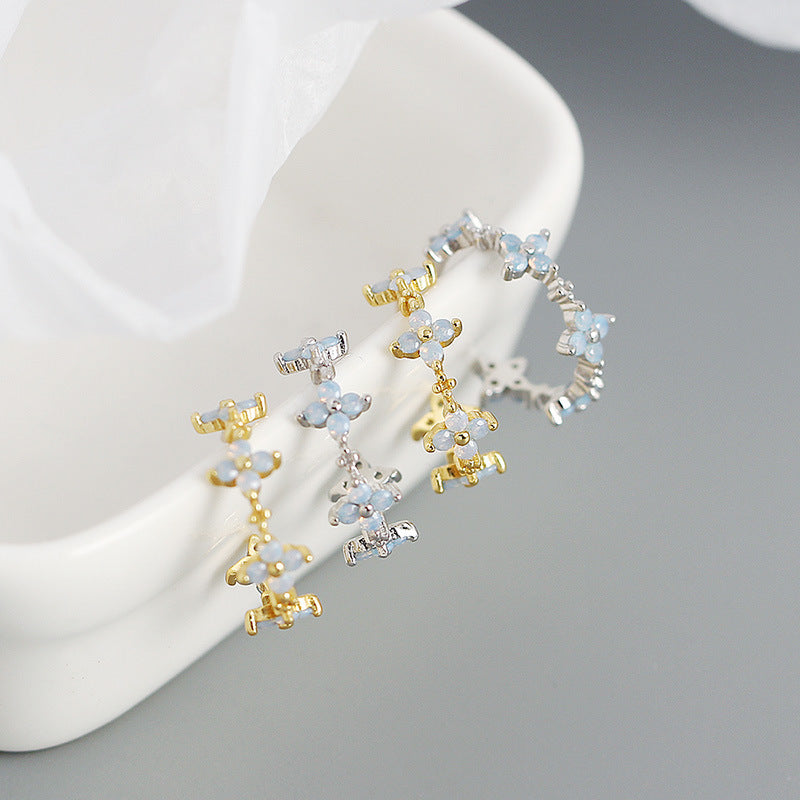 Girl CZ Four Leaf Clover Flower C Shape 925 Sterling Silver Hoop Earrings