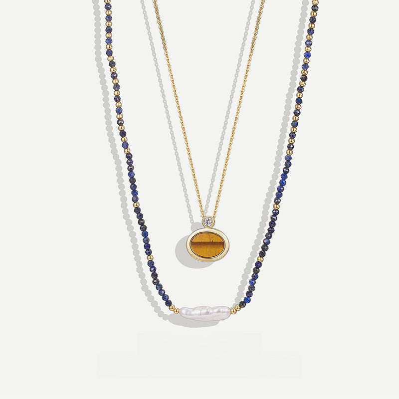 925 Sterling Silver  Blue Lapis Lazuli Bead Baroque Pearl Strand And Tiger Eye Oval Pendant Layered Necklace Set