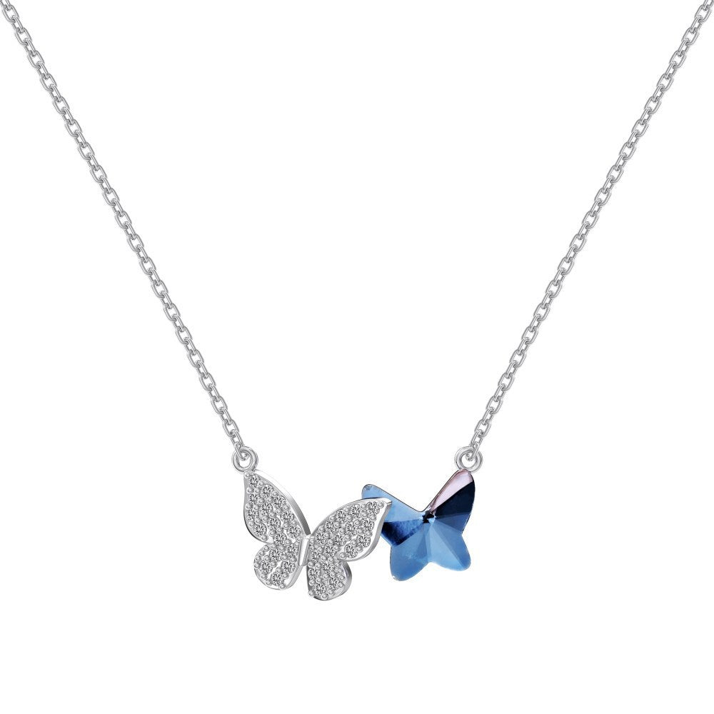 Women Beautiful Blue Austrian Crystal CZ Butterfly 925 Sterling Silver Necklace