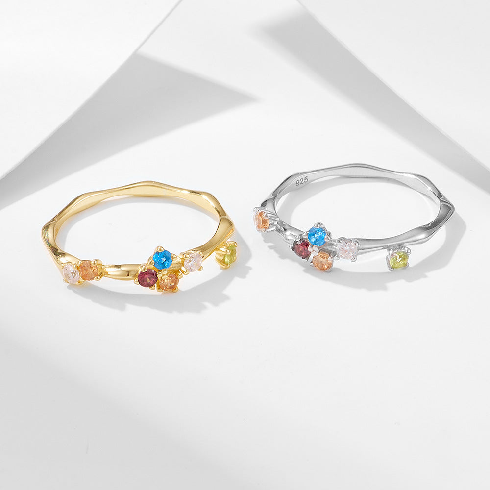 Fashion Colordul Rainbow CZ 925 Sterling Silver Irregular Adjustable Ring