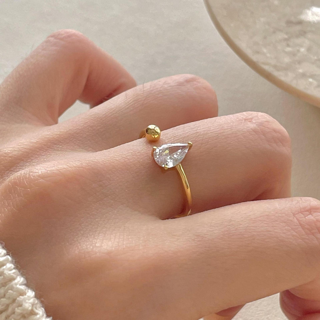 Women Elegant Waterdrop CZ Ball 925 Sterling Silver Adjustable Ring