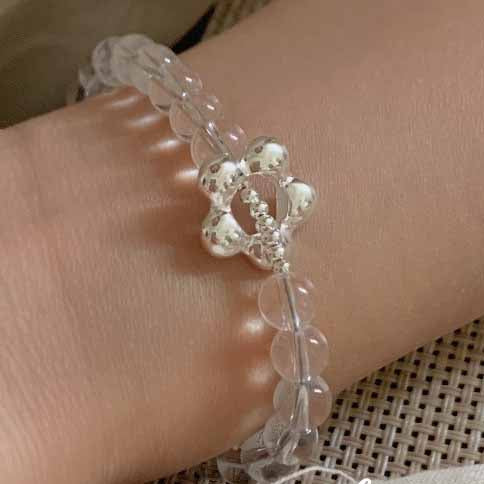 Elegant Natural Transparent White Crystal Flower 925 Sterling Silver Bracelet