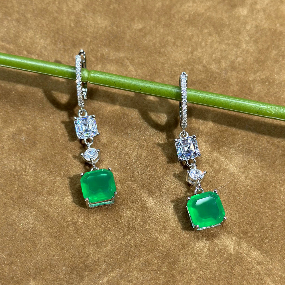 Emerald Green Square Octagon Cut Simulated Emerald Cubic Zirconia S925 Sterling Silver Geometric Drop Hoop Earrings