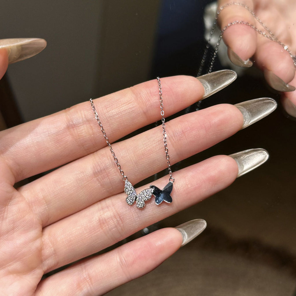 Women Beautiful Blue Austrian Crystal CZ Butterfly 925 Sterling Silver Necklace