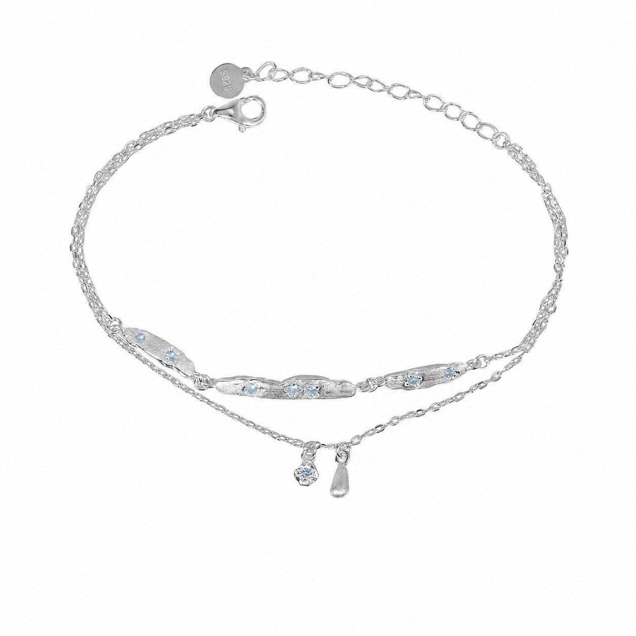 Cubic Zirconia Double Layer Teardrop Pendant with 925 Sterling Silver Brushed Texture Irregular Bar Link Bracelet