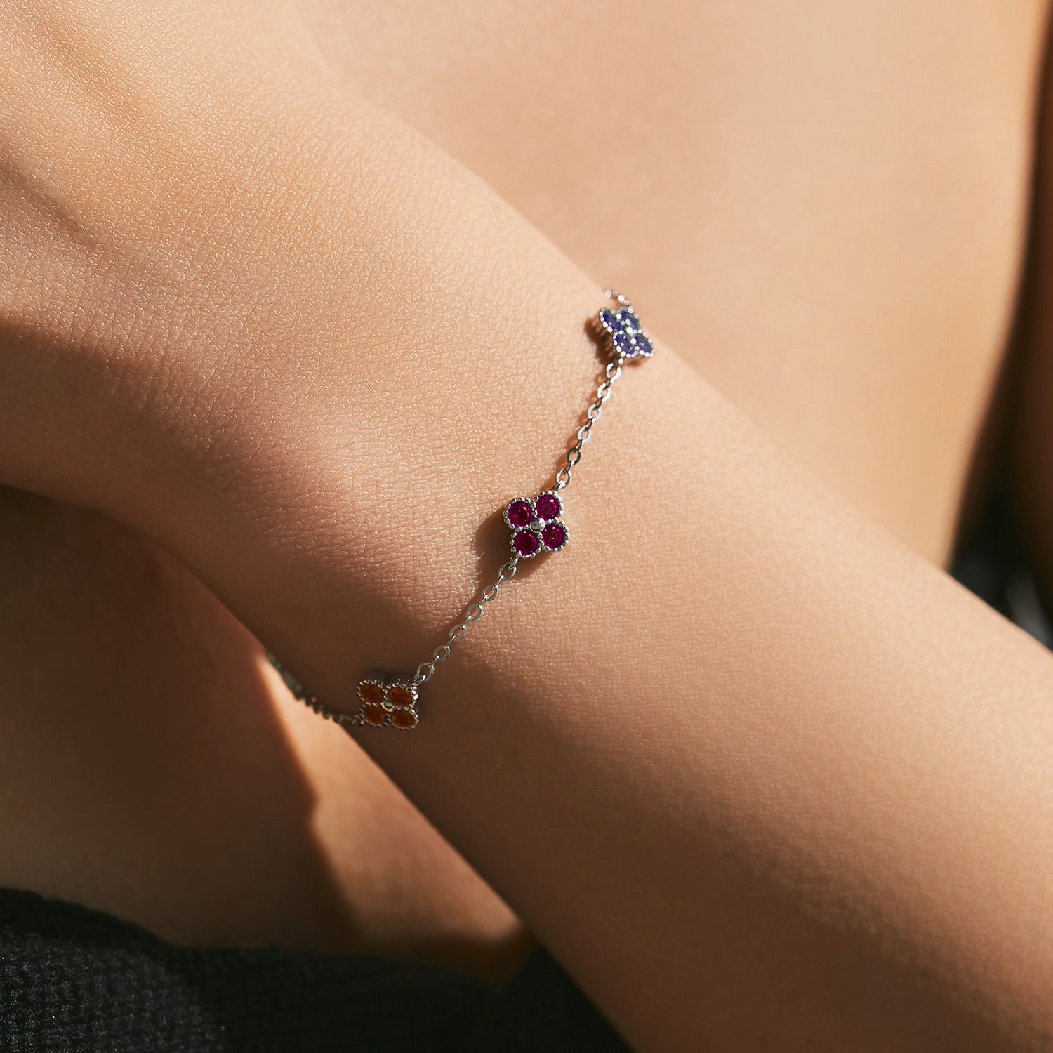 Colorful Four Leaf Clover Cubic Zirconia 925 Sterling Silver Adjustable Bracelet for Women Elegant Fashion Lucky Charm 2025 New Jewelry Anniversary Gift