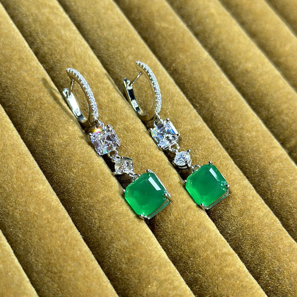 Emerald Green Square Octagon Cut Simulated Emerald Cubic Zirconia S925 Sterling Silver Geometric Drop Hoop Earrings