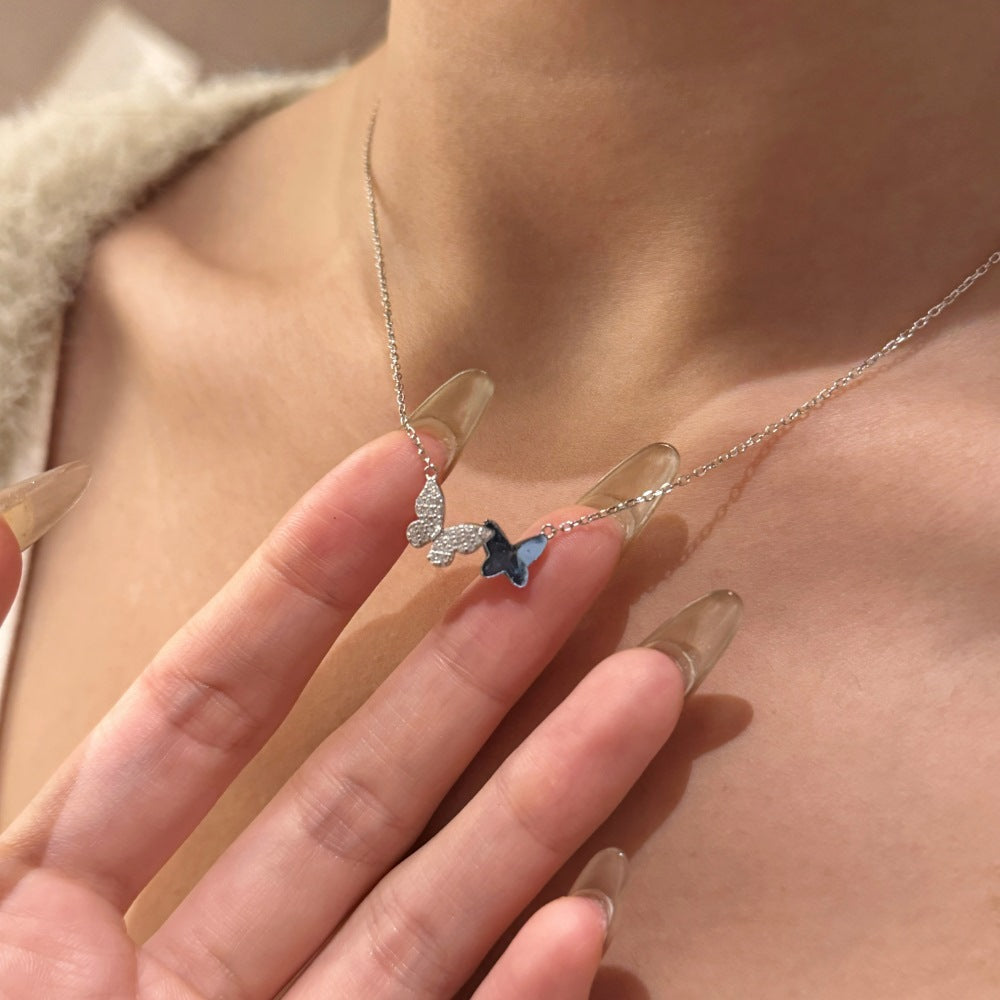 Women Beautiful Blue Austrian Crystal CZ Butterfly 925 Sterling Silver Necklace