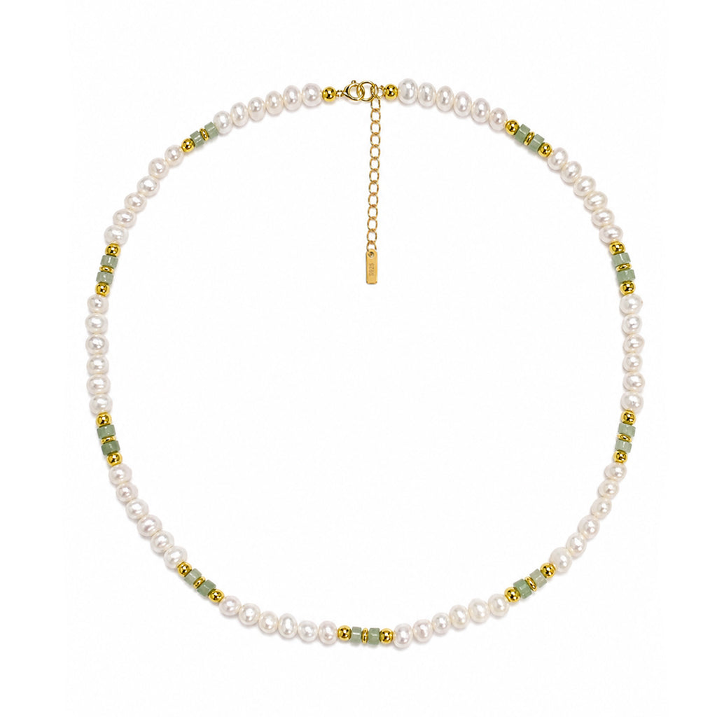 Dainty Vintage Green Stone Pearl Beaded Strand Fashion Jewellery 925 Sterling Silver Necklace