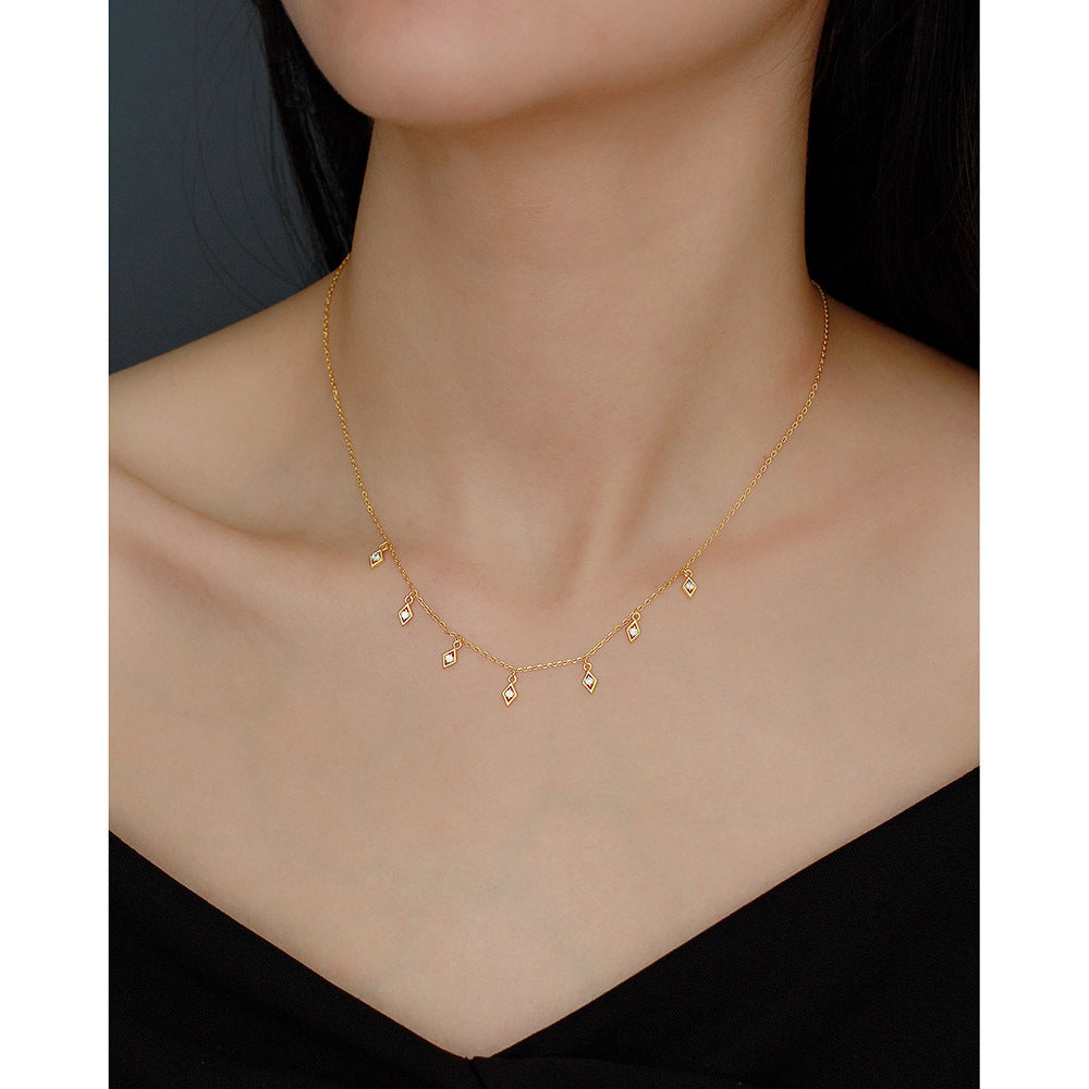 Delicate Geometric Rhombus Shape Cubic Zirconia  925 Sterling Silver Tassel Pendant Necklace
