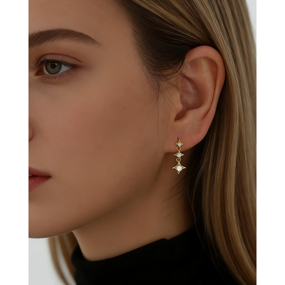 Elegant Geometric Triple Four Point Star Cubic Zirconia S925 Silver Drop Earrings
