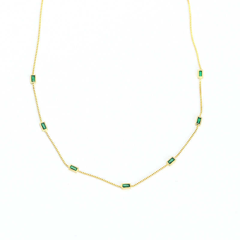 Mini Delicate Green Rectangular Stone 925 Sterling Silver Station Chain Simple Layered Clavicle Necklace