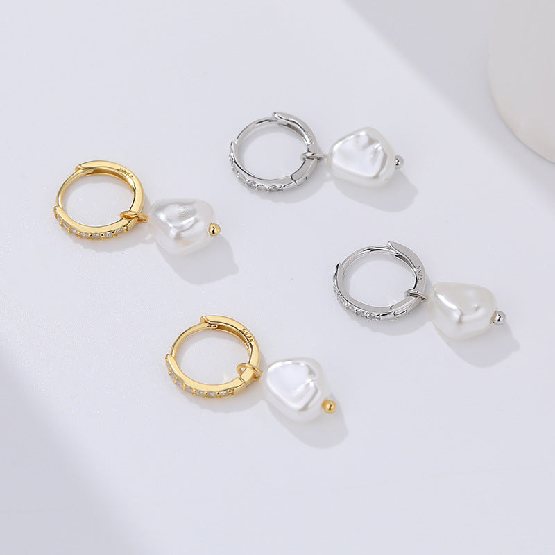Women Elegant Fine Jewelry Geometric Design Cubic Zirconia 925 Sterling Silver Baroque Dangle Hoop Pearl Earrings