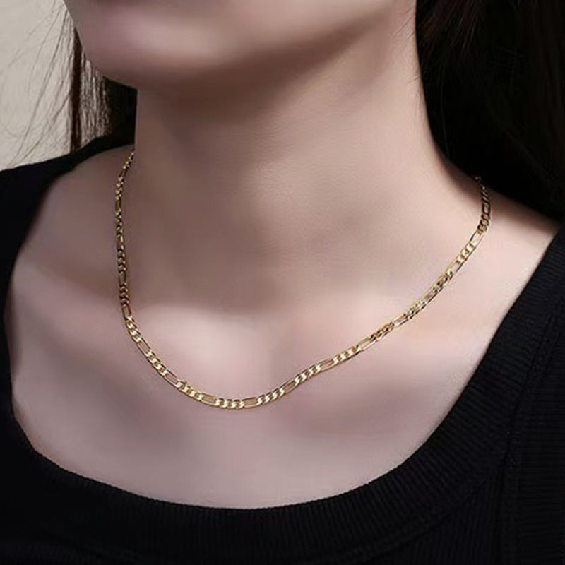 Classic 3 Plus 1 Figaro Chain Pure Metal 925 Sterling Silver Necklace White Gold And Yellow Gold Tone Side Link Chain Necklace For Women Men Daily Wear Simple Geometric Fashion Jewelry Gift