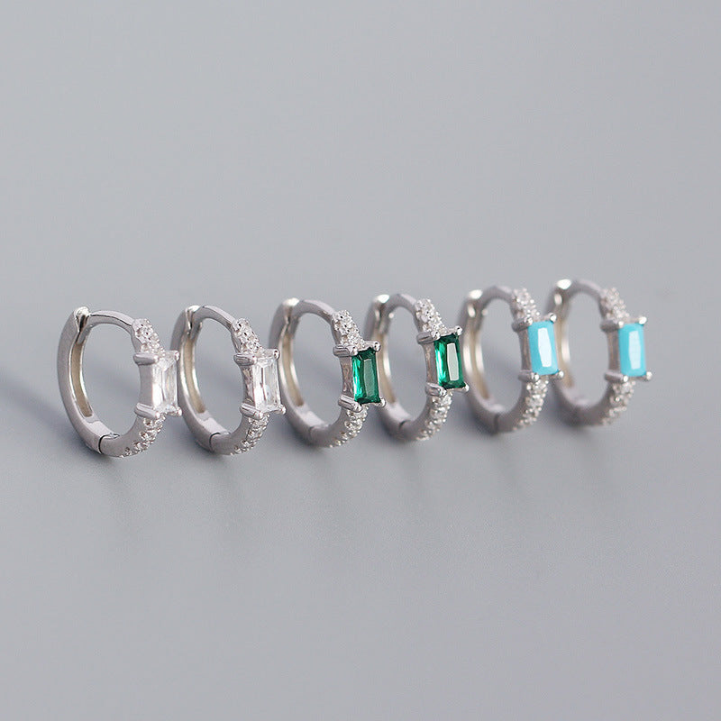 Elegant Geometric Design S925 Sterling Silver Hoop Earrings with Rectangular Cubic Zirconia for Women Fashion Jewelry in Multiple Colors