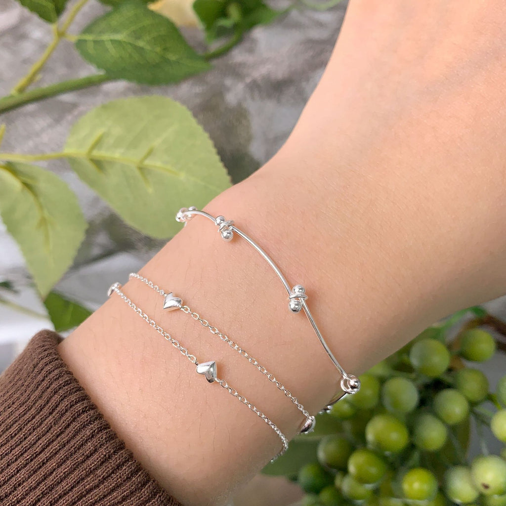 Girl Double Layers Curb Chain Hearts 925 Sterling Silver Bracelet