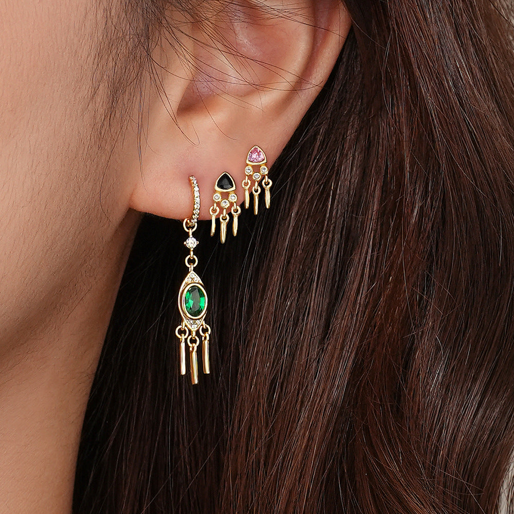 Elegant Geometry Oval Triangle Sunshine Tassels 925 Sterling Silver Screw Dangling Earring (Single)