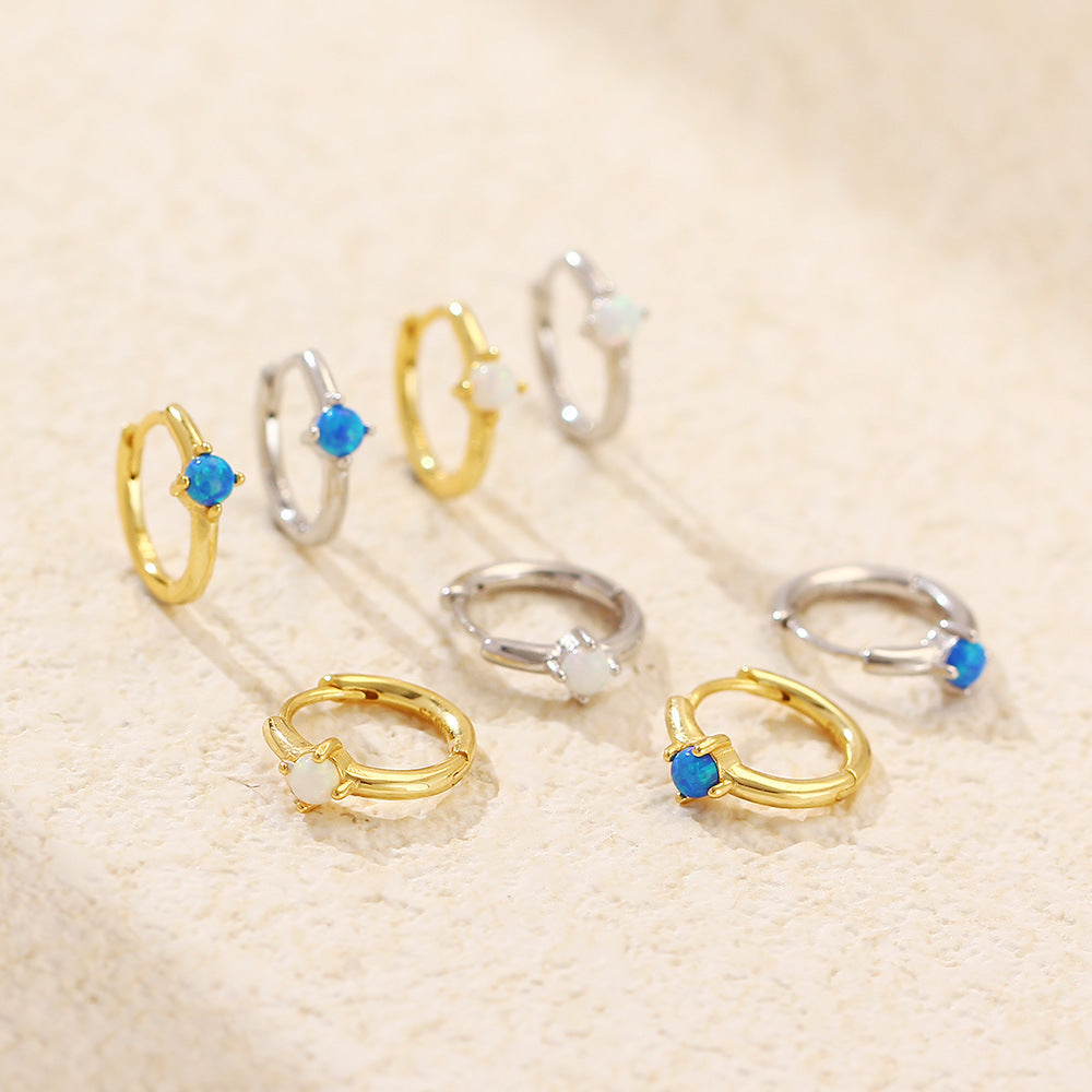Graduation Simple Round Natural Opal 925 Sterling Silver Hoop Earrings