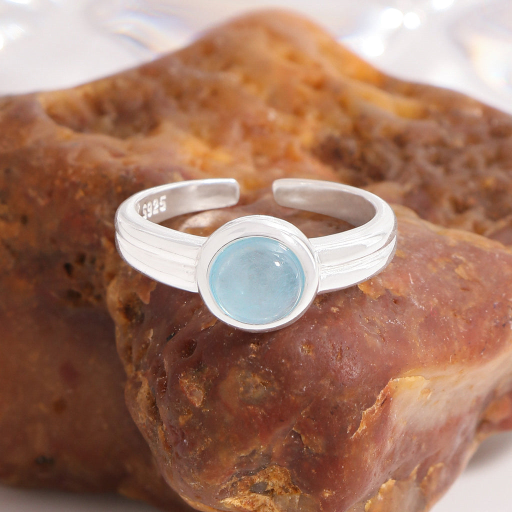 Simple Rond Natural Aquamarine 925 Sterling Silver Adjustable Ring