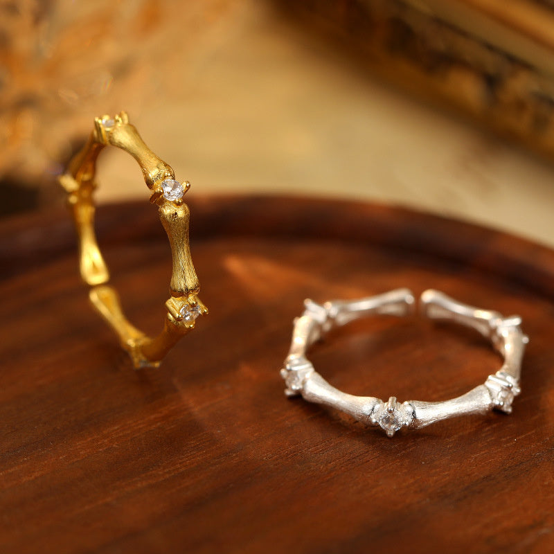 Cubic Zirconia Elegant Vintage Style 925 Sterling Silver Bamboo Design Adjustable Ring